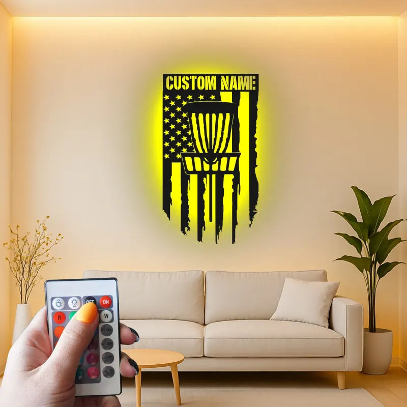 Cartel de metal LED personalizado para cesta de disc golf, regalo personalizado para disc golfers, decoración de sala de juegos