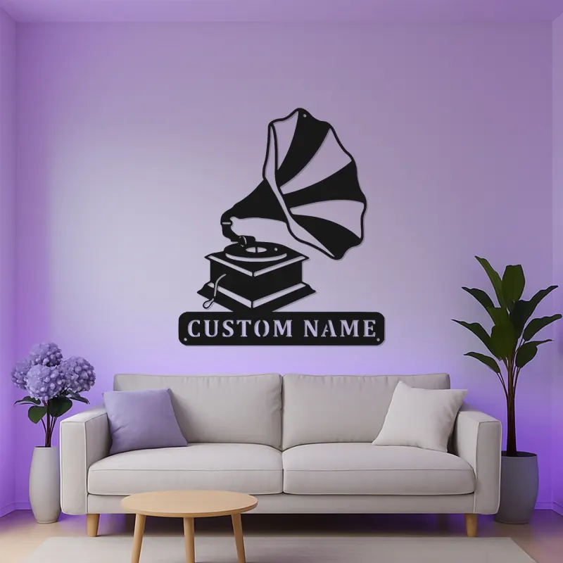 Arte Murale in Metallo LED con Gramofono | Regalo Personalizzato per Amante della Musica | Insegna con Nome Personalizzato per Decorazione Retro di Casa e Studio