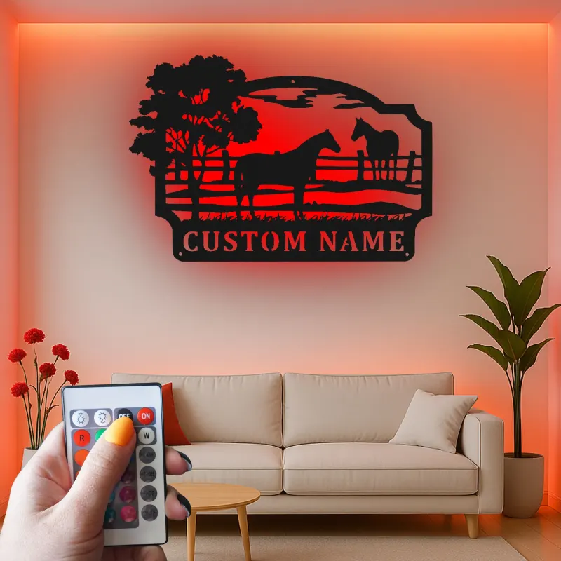 Insegna per Ranch di Cavalli Personalizzata con LED | Arte in Metallo Personalizzata | Decorazione Equestre per Regalo da Fattoria