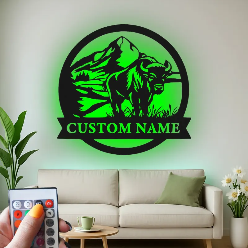 Custom Bison Mountain Led Light Metal Wall Art Personalized Wildlife Gift Rustic Living Room Decor