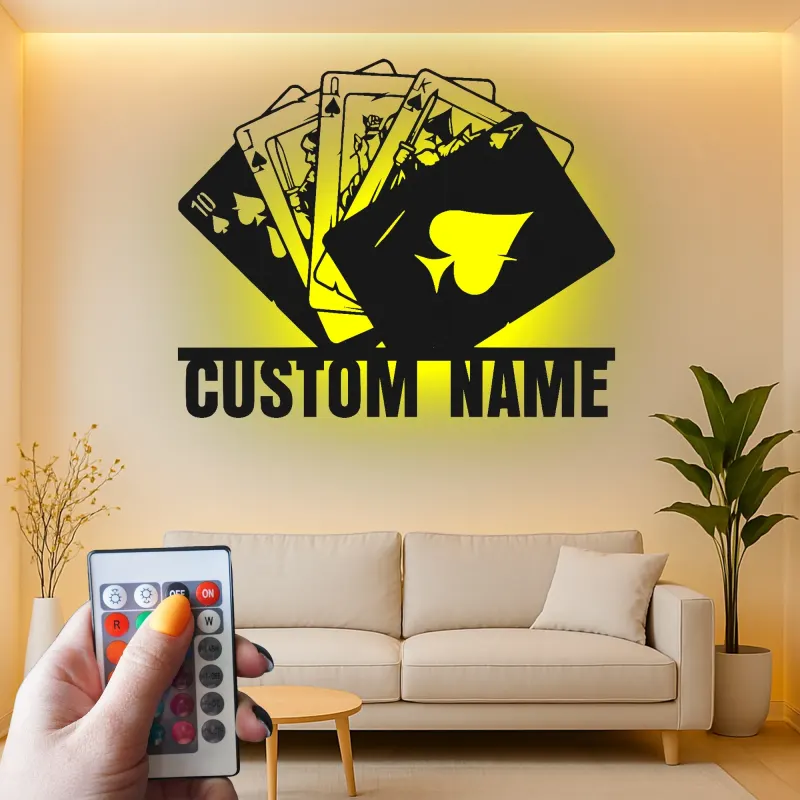 Royal Flush Metal Wall Art | Personalized LED Poker Room Sign | Custom Name Card Player Gift | Game Room Decor