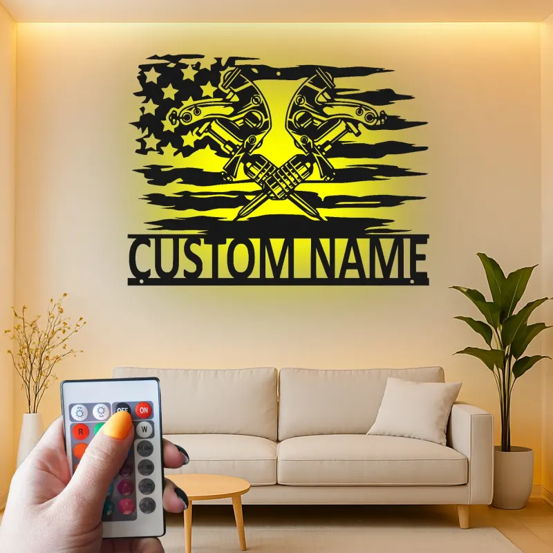 Custom LED Mechanic Sign | Metal American Flag Garage Art | Crossed Pistons Decor | Personalized Auto Shop Gift