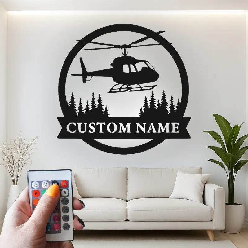 Personalized Helicopter Metal Wall Art | LED Lighted Aviation Decor | Custom Name Sign for Pilot Gift, Office & Man Cave