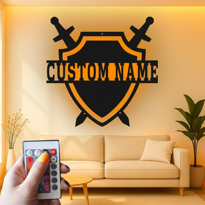 Cartel de metal personalizado con escudo y espada | Decoración mural LED con nombre a medida para sala de juegos | Decoración medieval guerrera para dormitorio juvenil