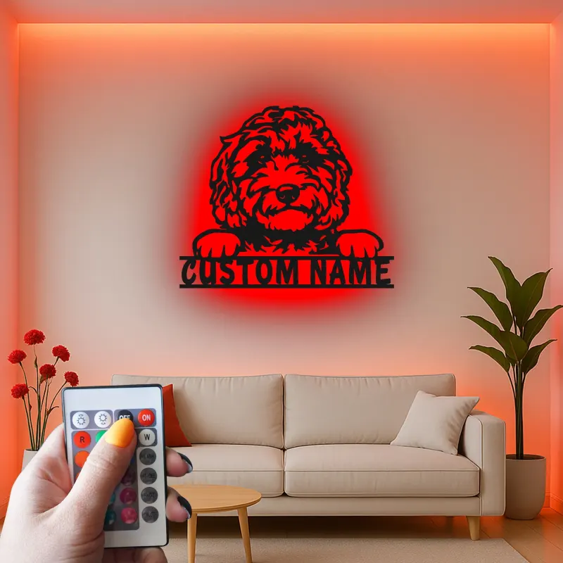 Personalisierte Labradoodle LED-Licht Metall-Wandkunst für Hundeliebhaber