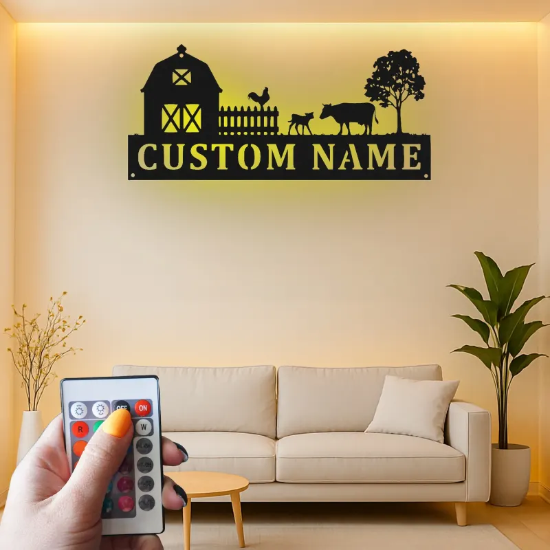 Cartel de Granja Personalizado | Decoración de Metal de Granja con LED | Arte de Pared con Nombre Familiar Rústico para la Sala de Estar
