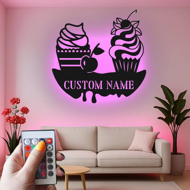 Décoration murale en métal personnalisée avec éclairage LED de cupcake - Décor de cuisine - Cadeau sucré pour les boulangers
