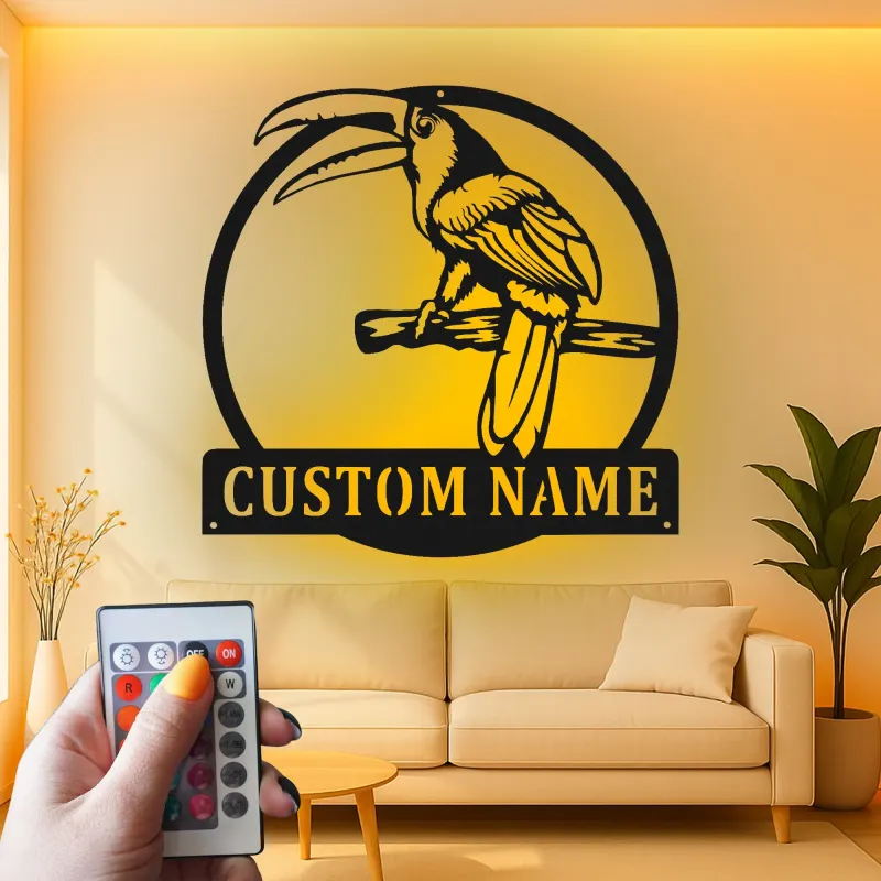 Décoration murale en métal personnalisée avec éclairage LED en forme de toucan - Cadeau tropical
