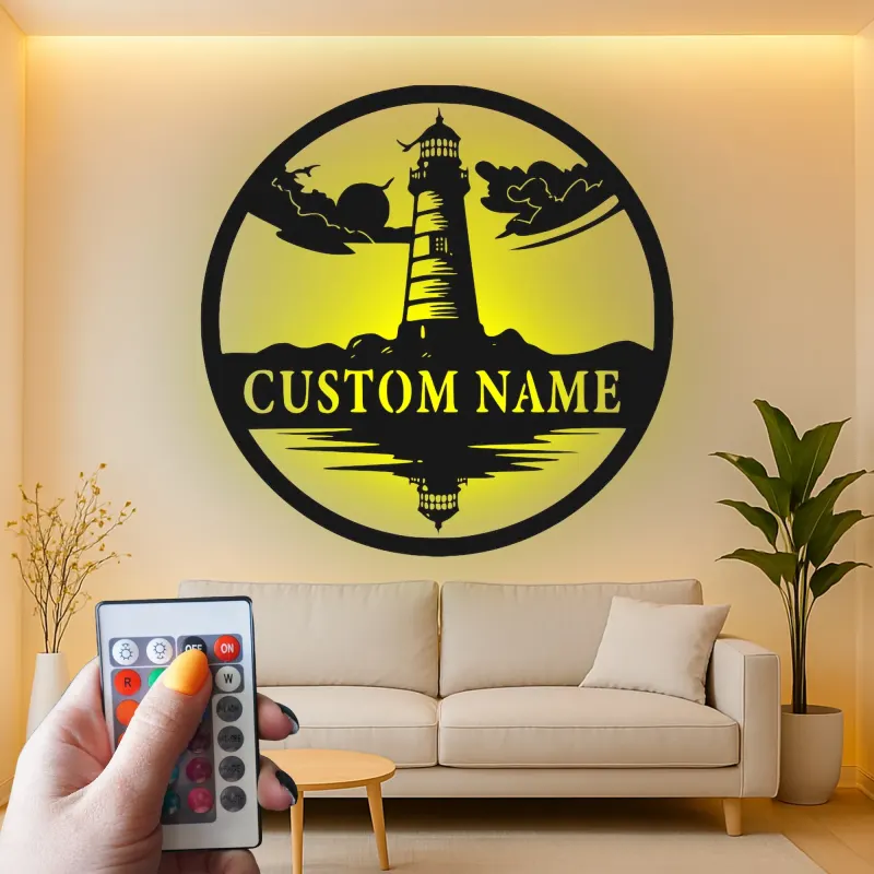 Cartel de metal LED personalizado de faro, regalo náutico para amantes de la playa, decoración costera para el hogar