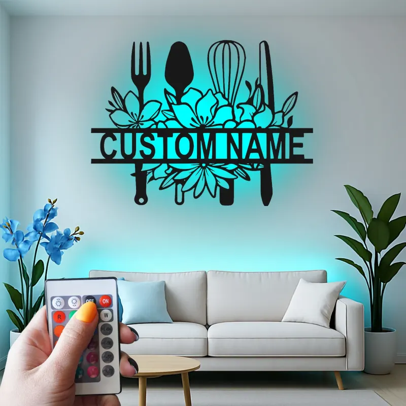 Cartel de cocina personalizado con LED | Arte mural de utensilios de metal floral personalizado | Regalo de decoración de chef para mamá | Decoración de cocina moderna de granja