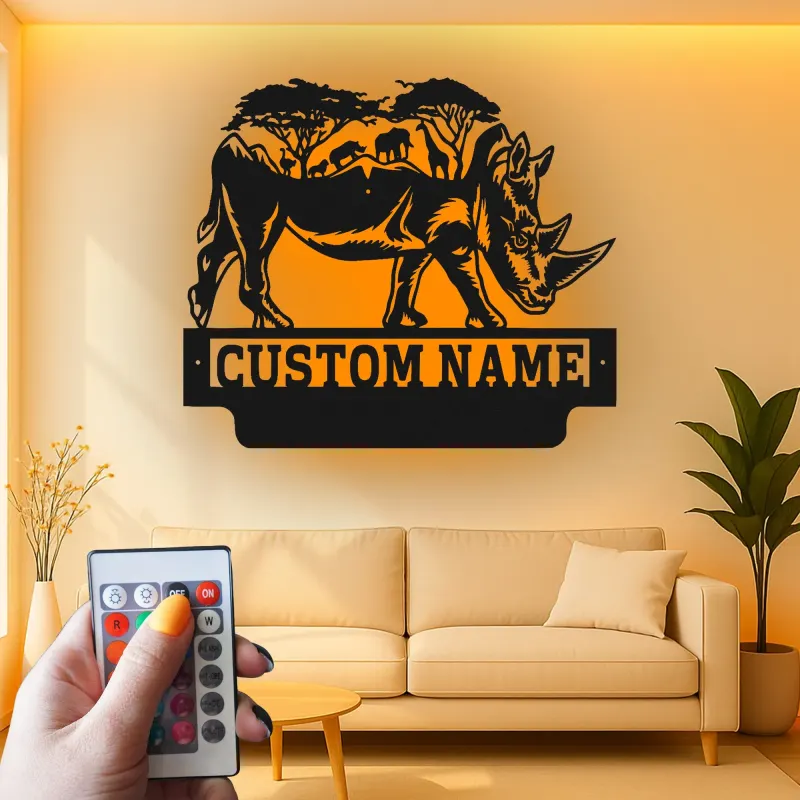 Custom Rhino Safari Metal Sign | LED Backlit Wildlife Wall Art | Personalized Animal Decor | Premium Laser Cut Gift