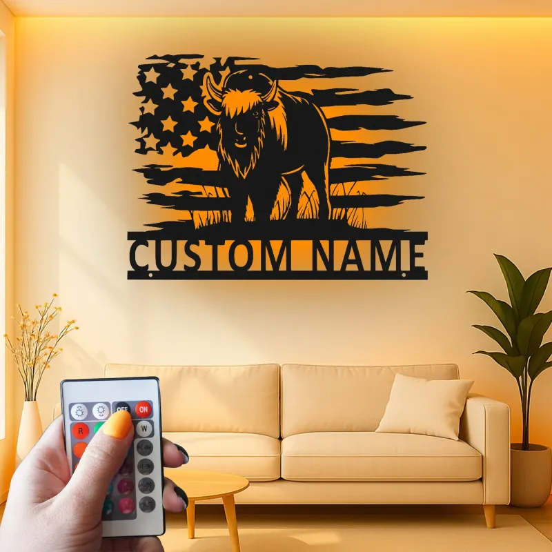 Insegna in metallo LED Bisonte Americano Personalizzata Regalo Patriottico Decorazione Rustica per Amanti della Fauna