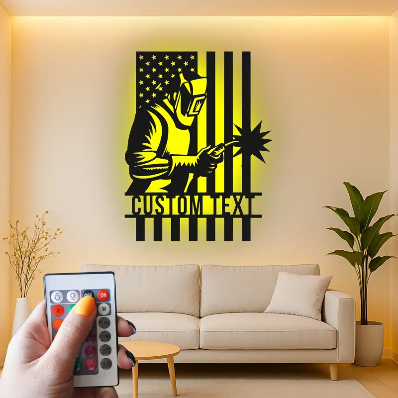 Insegna in metallo personalizzata con saldatore e bandiera americana retroilluminata, regalo personalizzato per decorare officine di saldatori