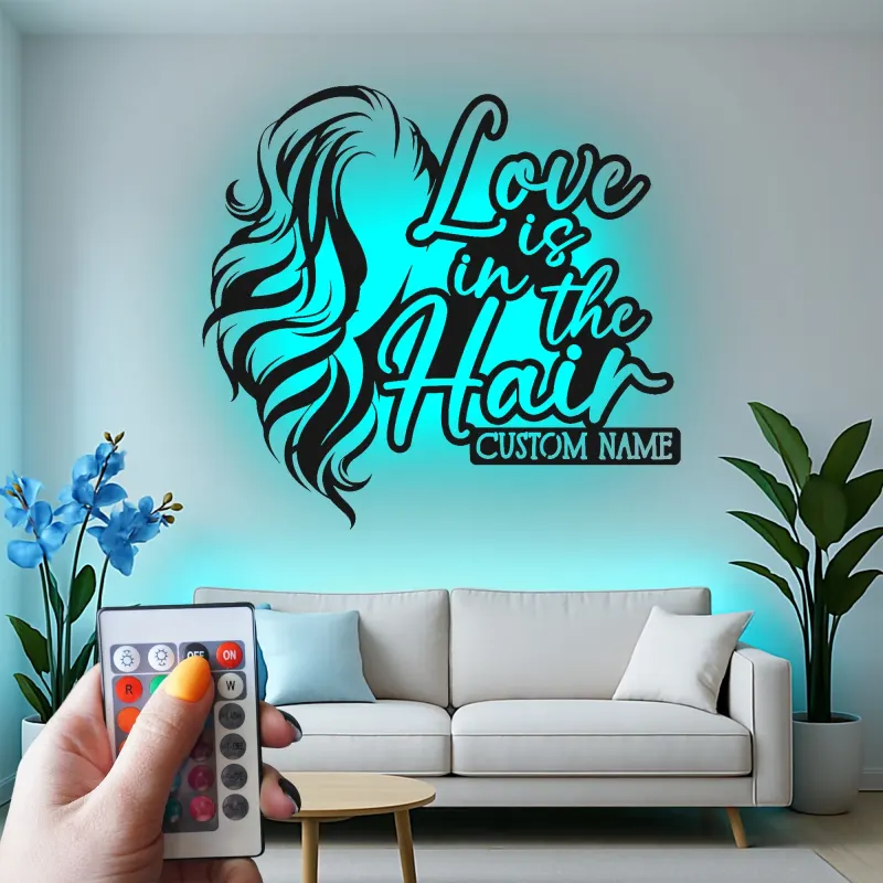 Custom Hairstylist LED Sign | Personalized Metal Wall Art for Salon Decor | Love is in the Hair Light Up Nameplate