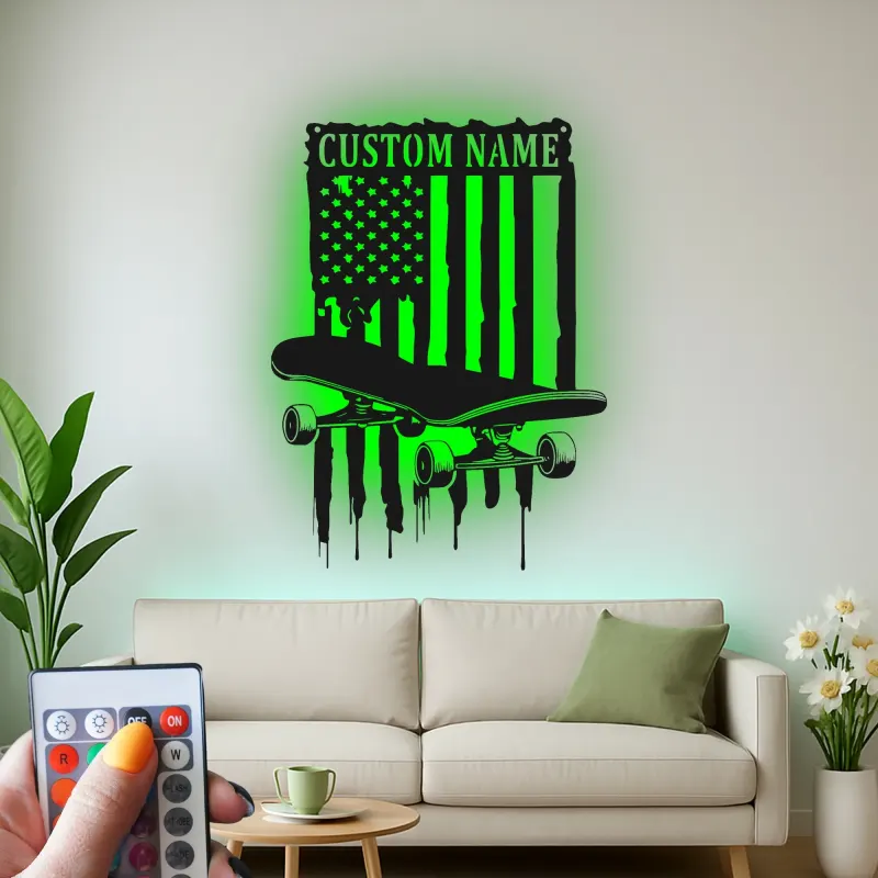Panneau de nom en skateboard personnalisé | Décoration murale en métal LED | Décor de chambre d'adolescent avec drapeau américain | Cadeau personnalisé pour skateur