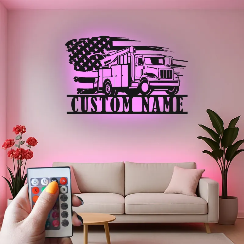 Arte mural de lineman | Cartel LED personalizado de camión de cubo | Decoración patriótica con bandera americana para garaje | Placa de nombre personalizada