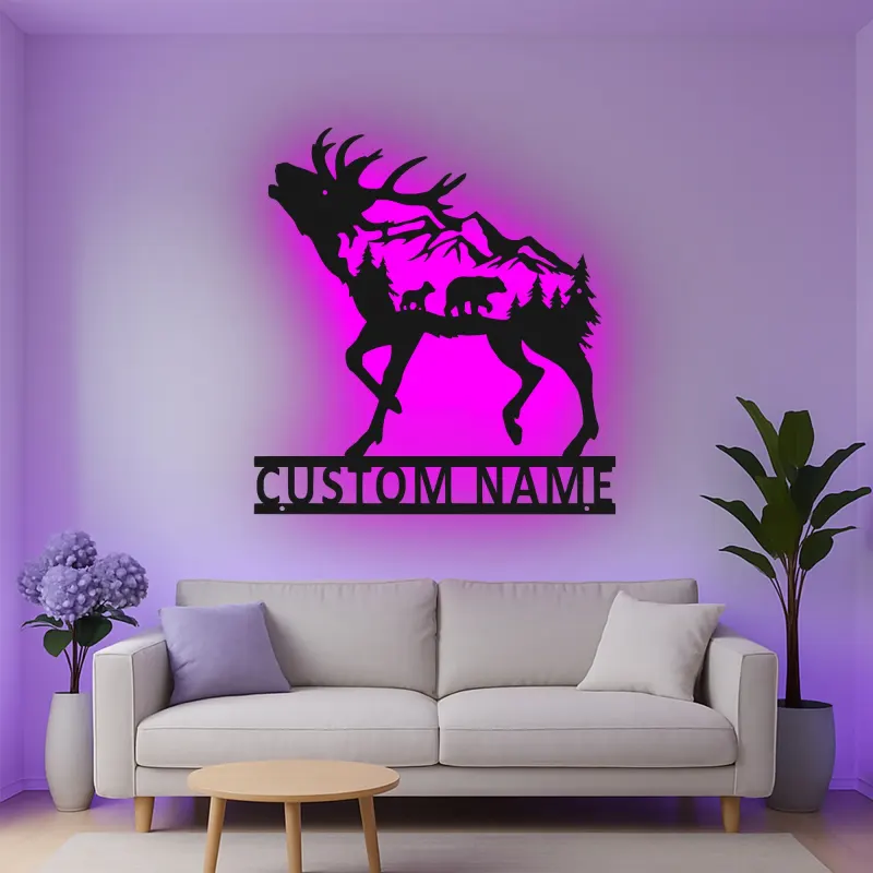 Décoration murale en métal personnalisée avec élans et ours en forêt avec rétroéclairage LED - Cadeau faunique pour les amoureux de la nature