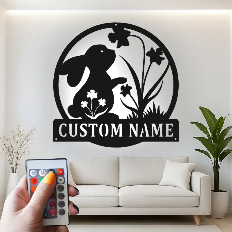 Insegna in metallo LED personalizzata con coniglio e fiori, regalo per nursery, decorazione per stanza dei bambini