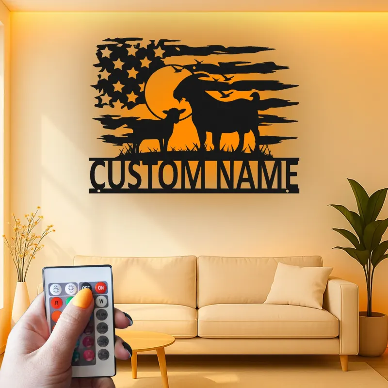 Personalisierte Ziegen-Metalltafel mit LED | Rustikale Landhaus-Wandkunst | Personalisierte patriotische Dekoration für Ranch & Zuhause