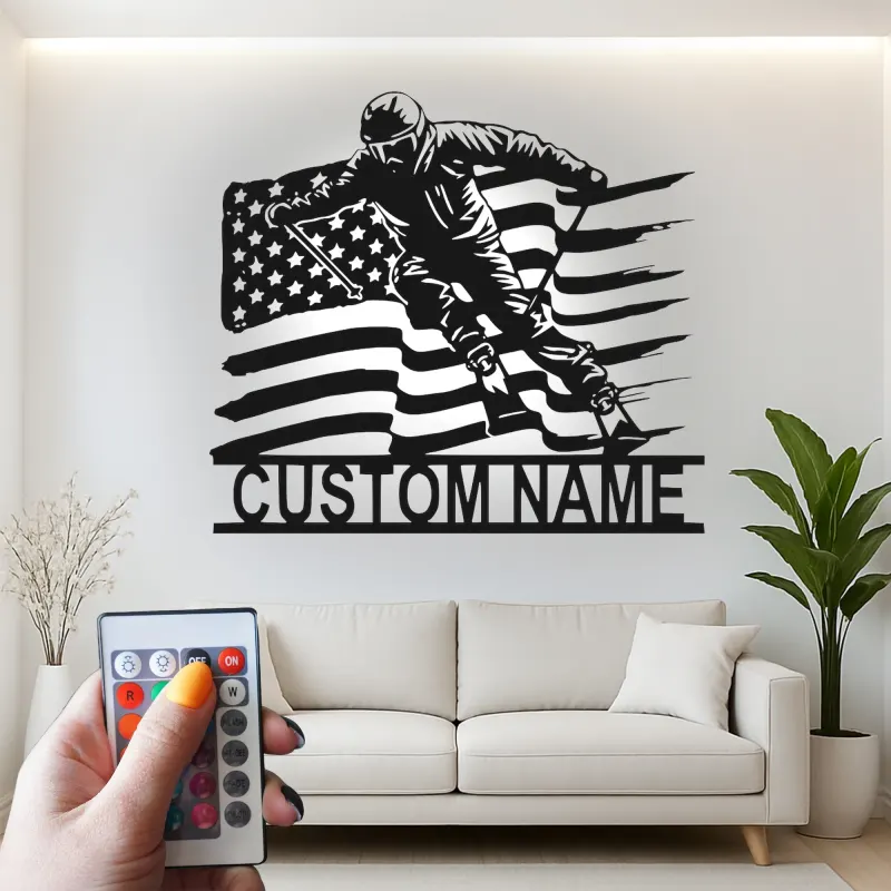 Custom Alpine Skier Metal Wall Art | LED Backlit American Flag Sign | Personalized Ski Gift | Winter Sports Cabin Decor