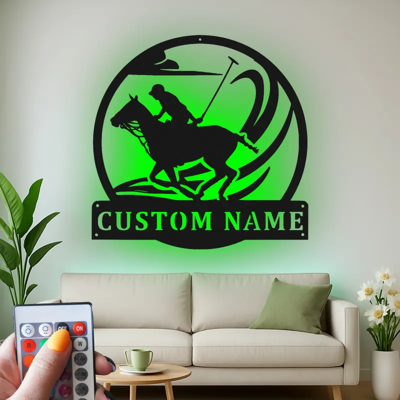 Insegna in metallo personalizzata per giocatore di polo | Insegna LED equestri personalizzata | Regalo per amanti dei cavalli per decorazione d'ufficio e casa