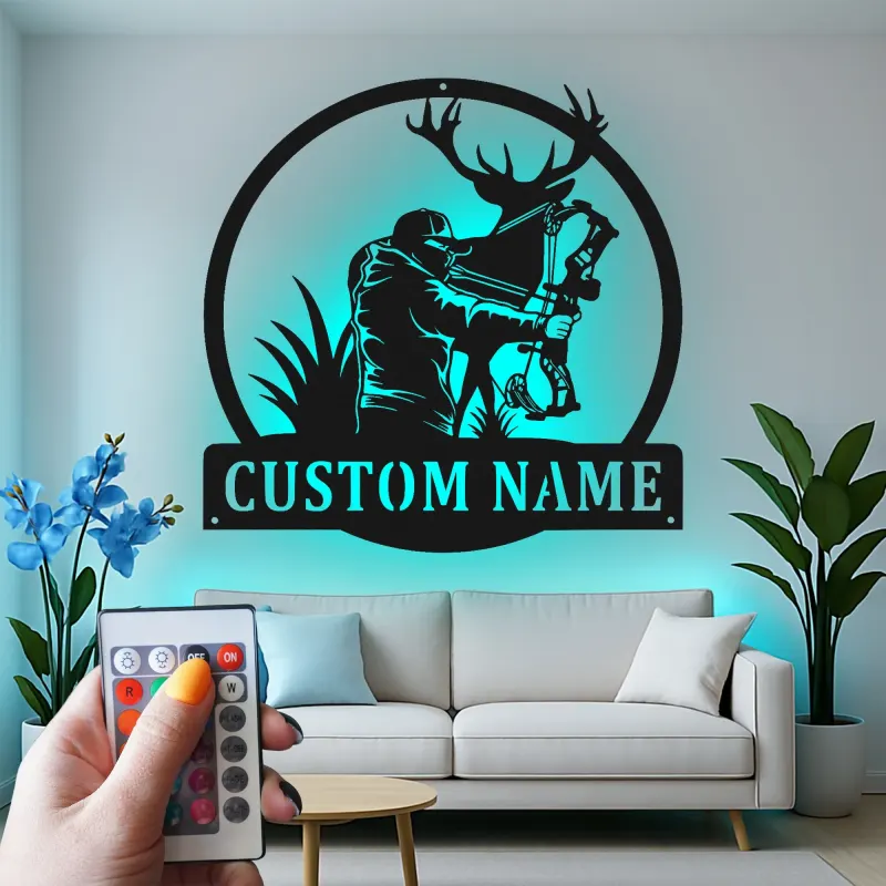Insegna in metallo personalizzata con luce LED per cacciatori di arco e cervi, regalo personalizzato per cacciatori, decorazione per man cave o cabin
