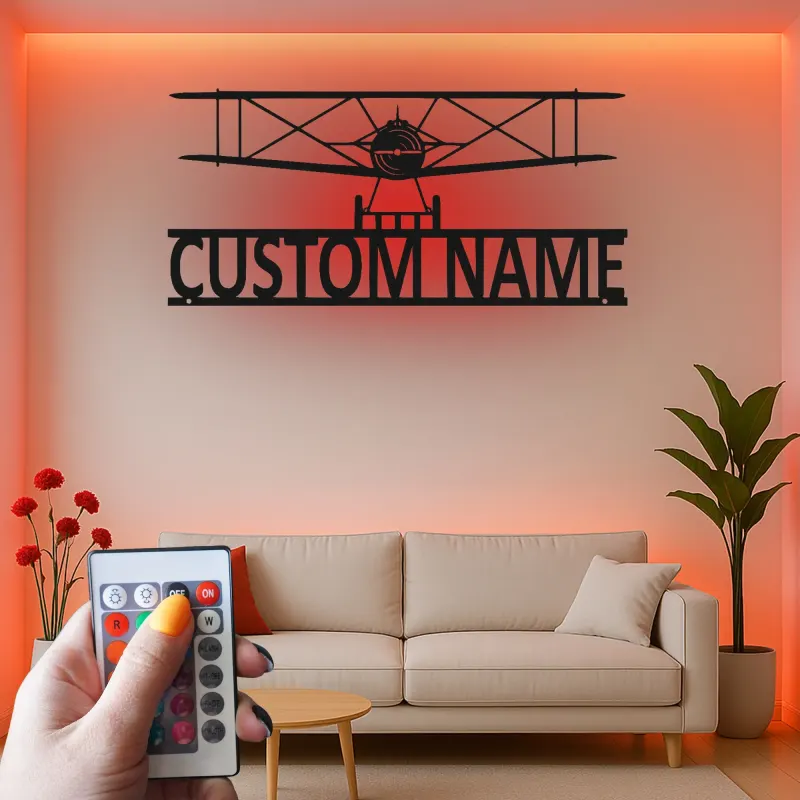 Décoration murale en métal LED personnalisée Biplan Cadeau d'aviation pour pilote Décor de hangar pour passionnés d'aviation