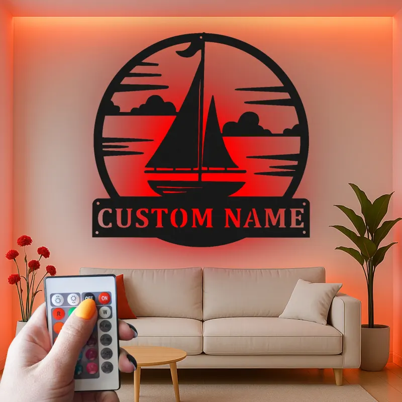 Insegna in metallo personalizzata per veliero | Arte murale LED personalizzata | Targa nautica per casa al lago e decorazioni costiere