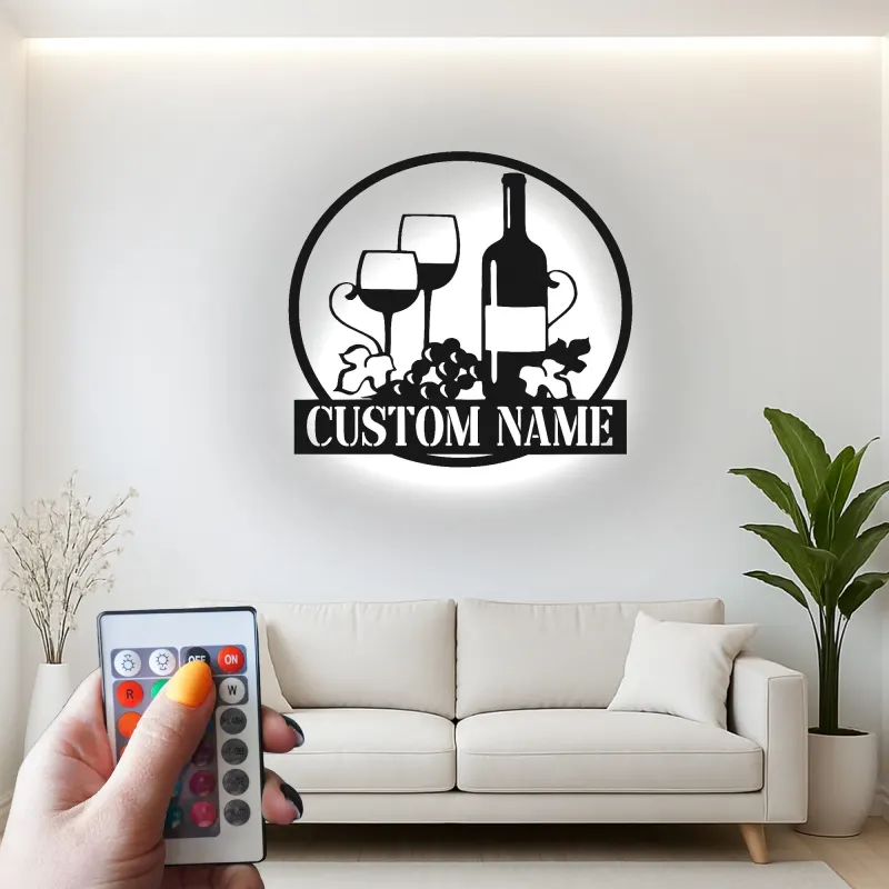 Décoration murale en métal personnalisée avec bouteille de vin et verres en rétroéclairage - Cadeau pour les amateurs de vin, décoration de cuisine ou de bar