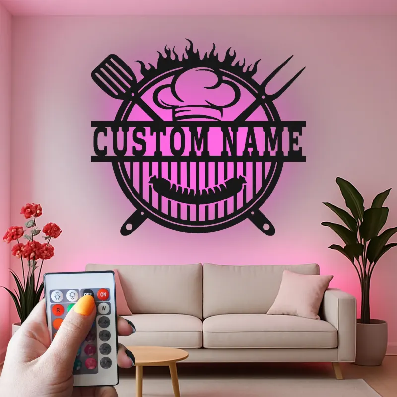 Insegna in metallo personalizzata con BBQ Grill e luce LED regalo personalizzato per maestro della griglia decorazione per cucina all'aperto