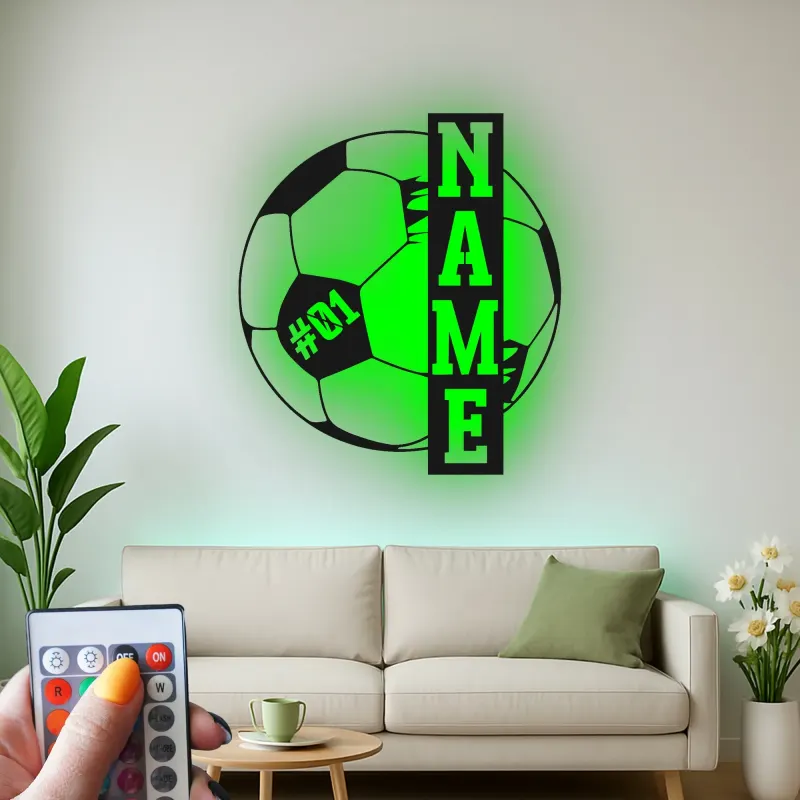 Cartel de metal personalizado de fútbol | Arte mural de metal LED | Número de jugador personalizado | Decoración de habitación de niño y regalo para atleta