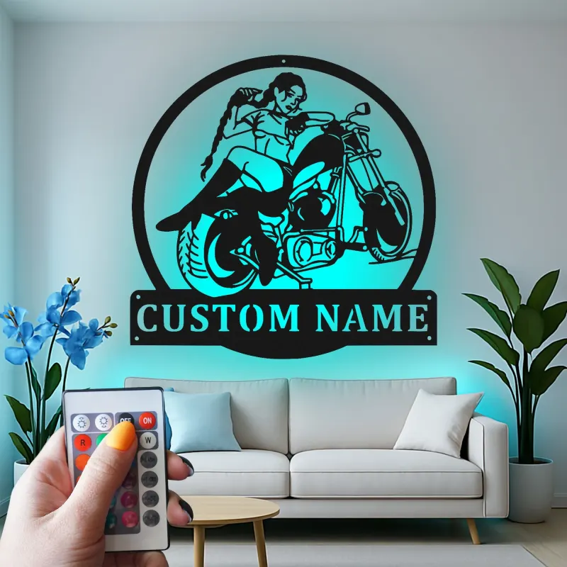 Décoration murale en métal LED personnalisée pour pilote de moto - Cadeau de motard pour lui, décoration de garage pour passionnés de moto