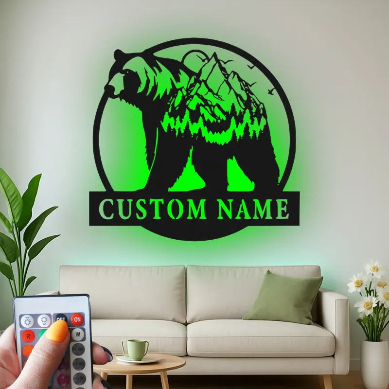 Cartel de metal personalizado con luz LED de oso y montaña, regalo para amantes de la naturaleza, decoración de cabaña o refugio