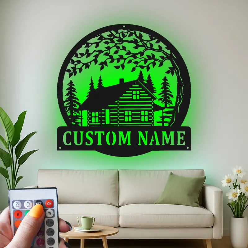 Cartel de metal personalizado con cabaña de troncos y luz LED, regalo de inauguración personalizado, decoración rústica para amantes de cabañas