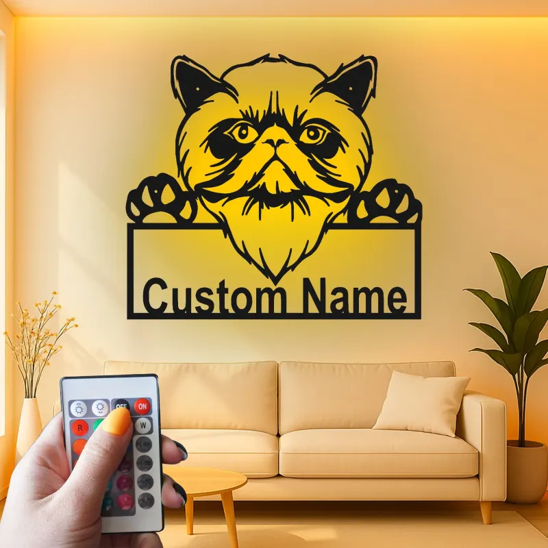 Décoration murale en métal personnalisée avec lumière LED pour chat persan - Cadeau unique pour les amoureux des chats