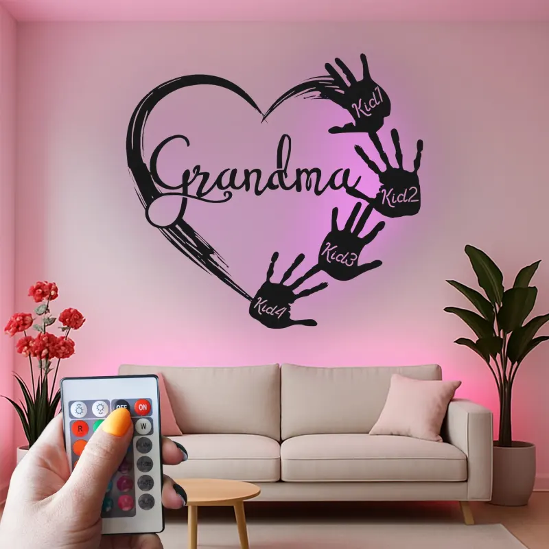 Cadeau LED personnalisé pour grand-mère | Décoration murale en métal sur mesure avec empreintes de mains des petits-enfants | Déco souvenir familiale