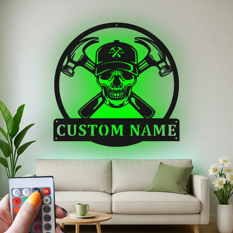 Insegna in metallo LED con teschio e mazze | Regalo personalizzato per lavoratori edili | Arte murale per man cave e garage