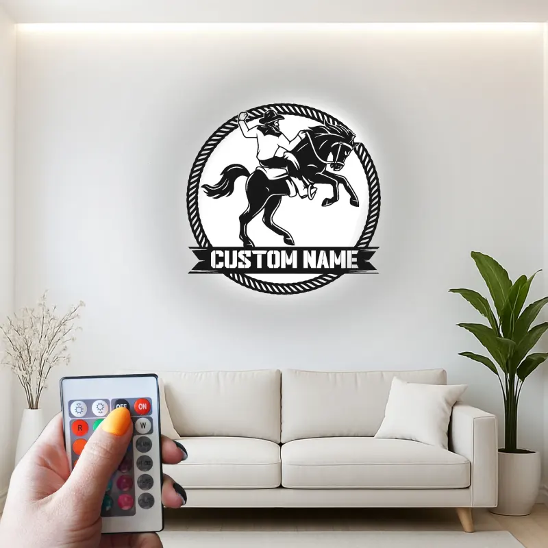 Custom Cowboy and Horse Led Light Metal Wall Art Western Gift for Ranch Lovers Rustic Home Decor