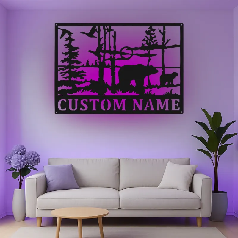 Custom Bear Forest Scene Led Light Metal Wall Art Personalized Wildlife Gift Cabin Decor for Nature Lovers