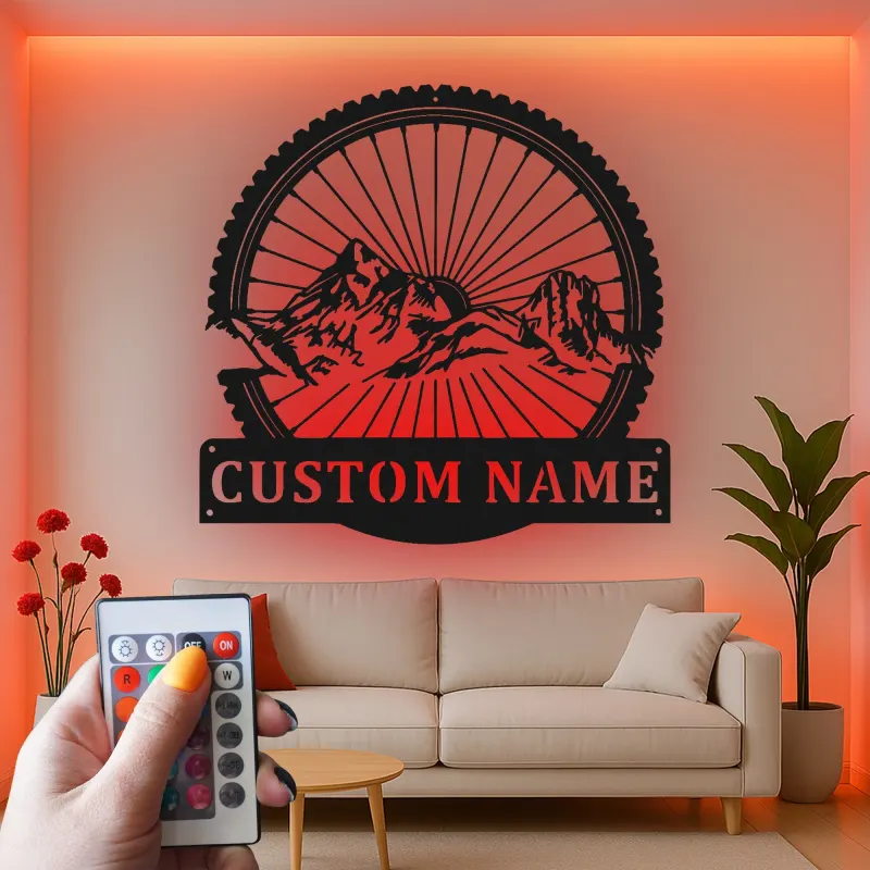 Insegna LED Ruota Mountain Bike Personalizzata | Arte in Metallo Personalizzata per Ciclisti | Decorazione per Avventure all'Aperto e Man Cave
