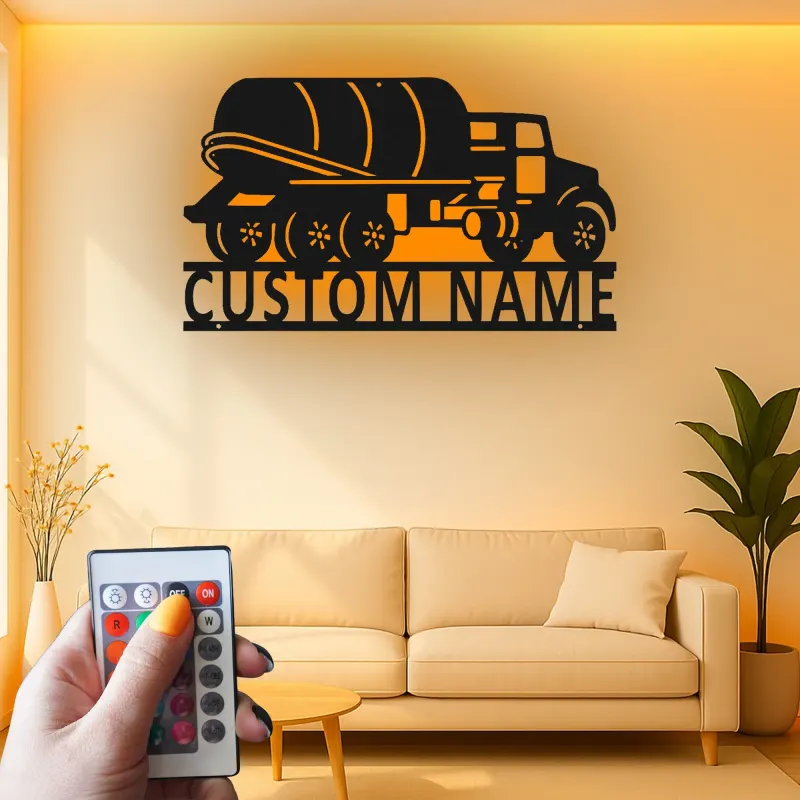 Custom Cement Mixer Truck Led Light Metal Wall Art Personalized Gift for Truck Enthusiasts Garage Wall Decor