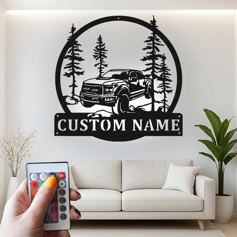 Décoration murale en métal personnalisée avec camion tout-terrain et rétroéclairage LED - Cadeau personnalisé pour passionnés de camions, décor de garage ou de man cave