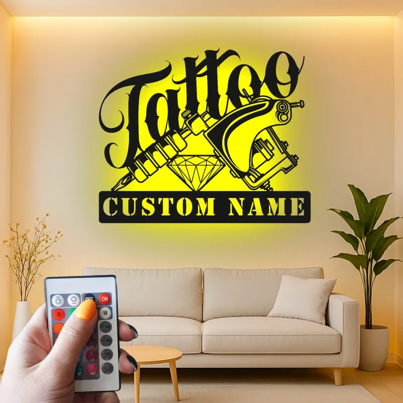 Cartel LED de máquina de tatuaje personalizado | Decoración mural de metal personalizada para estudio | Regalo para artista del tatuaje
