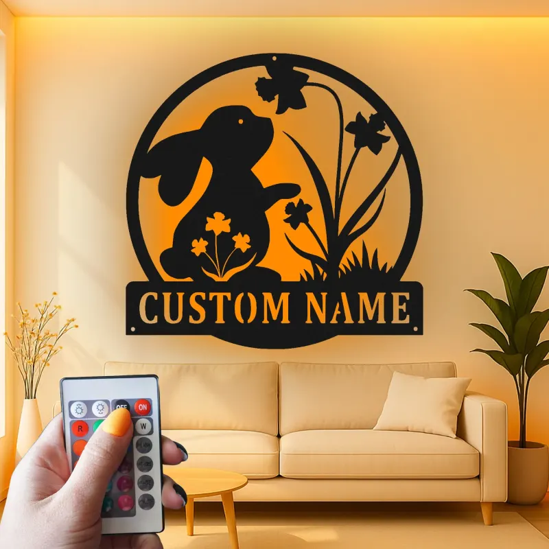 Insegna in metallo LED personalizzata con coniglio e fiori, regalo per nursery, decorazione per stanza dei bambini