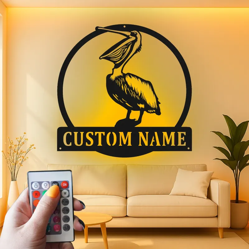 Panneau LED de pélican personnalisé | Décor mural en métal côtier | Cadeau de maison de plage personnalisé | Art de silhouette d'oiseau nautique