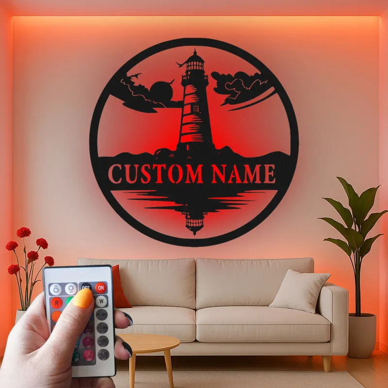 Insegna LED in metallo personalizzata con faro | Arte murale costiera personalizzata | Regalo per casa al mare | Silhouette marina