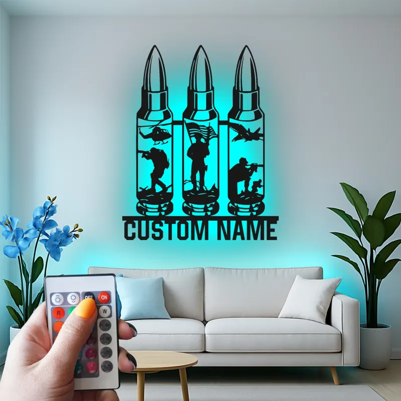 Personalized Soldier Silhouette LED Sign | Custom Military Metal Wall Art | Patriotic Veteran Tribute | Man Cave Decor With Name