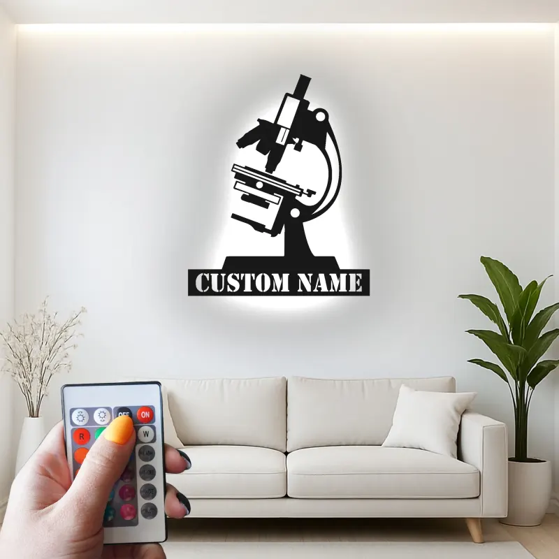 Arte mural LED de microscopio | Cartel de metal personalizado para decoración de laboratorio | Regalo científico personalizado para biólogos o clínicas