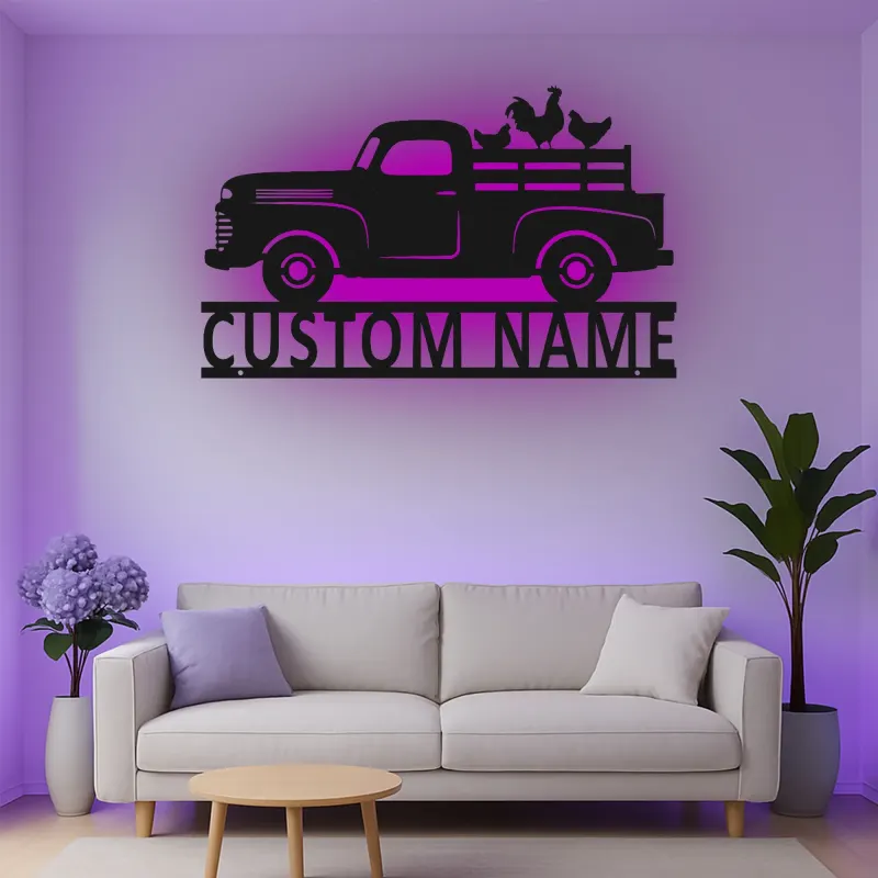 Personalisierter Vintage-Truck mit Hühnern LED-Licht Metall-Wandkunst Bauernhaus Geschenk für Paare Rustikale Küchen-Dekoration