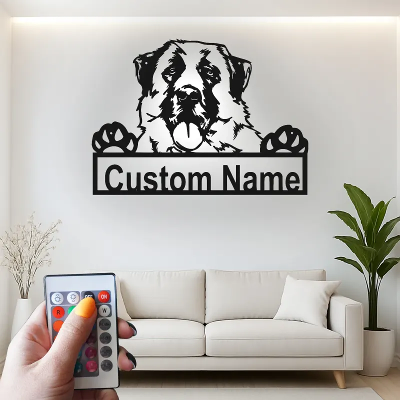Décoration murale en métal LED personnalisée Saint Bernard - Cadeau pour amoureux des chiens, décoration pour salon